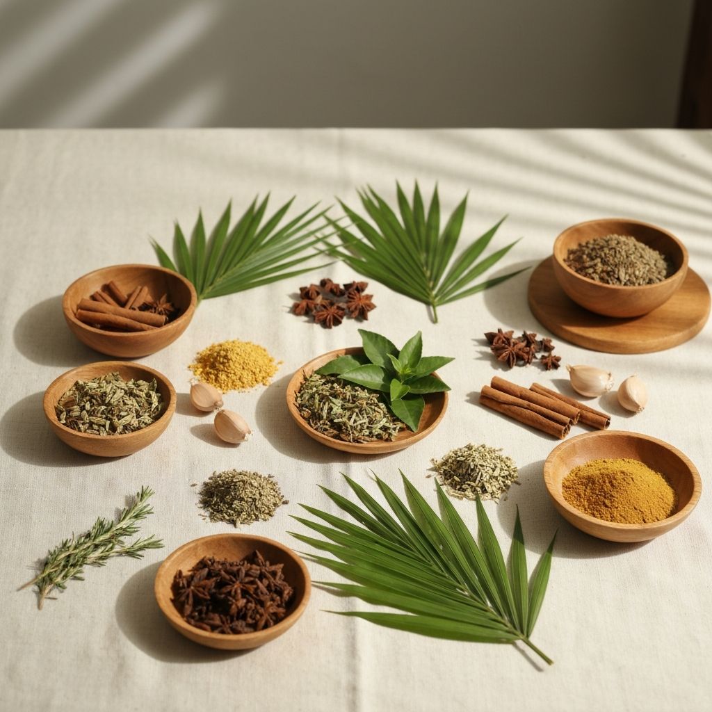 Serene arrangement of halal-certified plant ingredients with warm light and palm leaf accents
