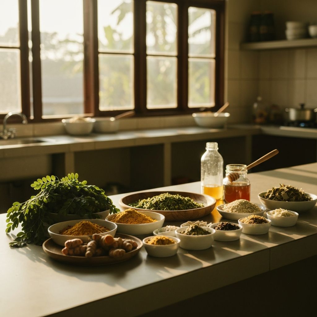 Warm traditional Indonesian halal kitchen with fresh ingredients and morning natural light