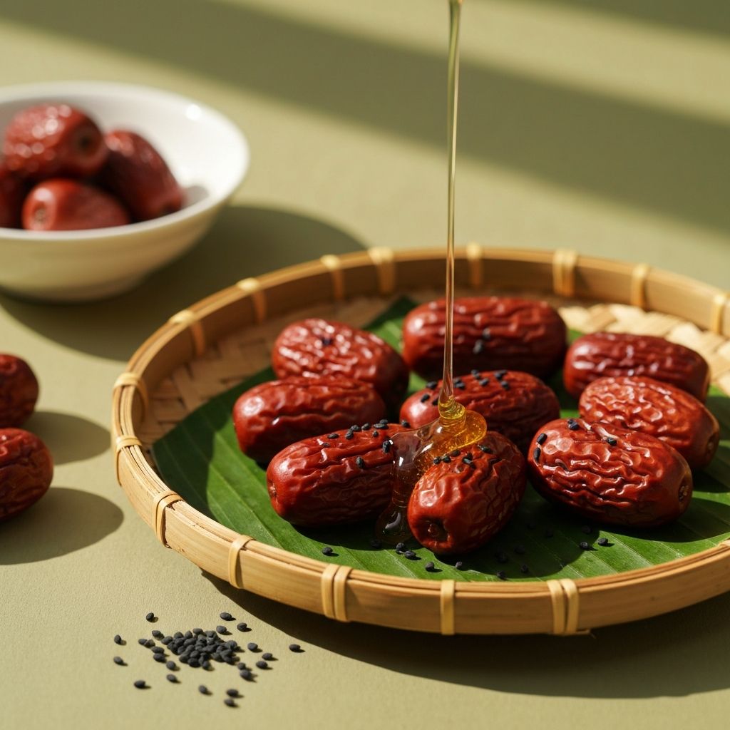 Plump red dates and black seeds arranged on woven tray with honey drip