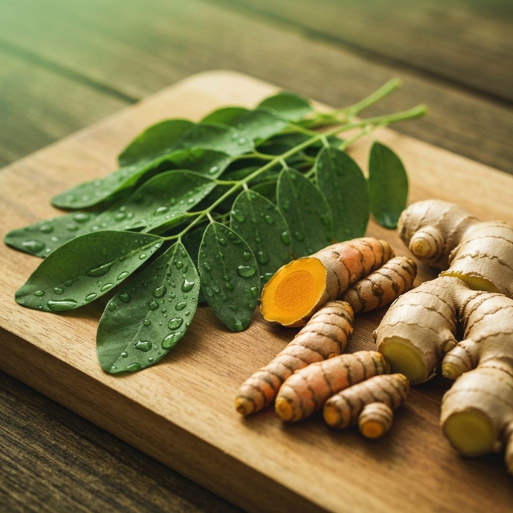 Natural plant vitamins and minerals visualization with fresh moringa leaves, turmeric, and ginger
