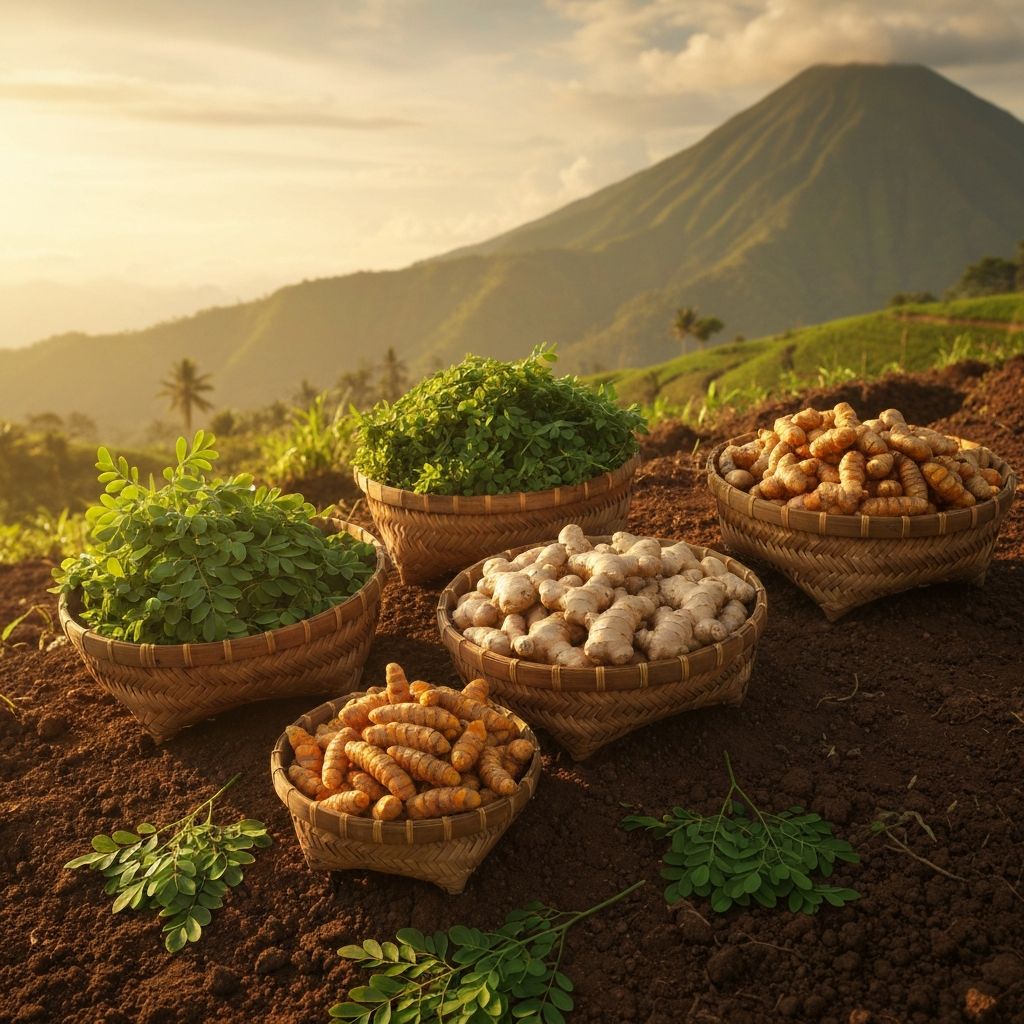 Indonesian agricultural landscape with halal-certified plant harvest baskets in seasonal display