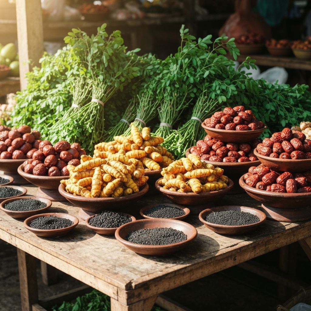 Indonesian market display with moringa, turmeric, dates, and black seeds arranged in clay bowls