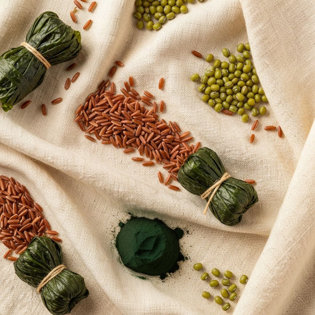 Close-up of red rice, seaweed, mung beans, and spirulina artfully arranged on cream linen cloth